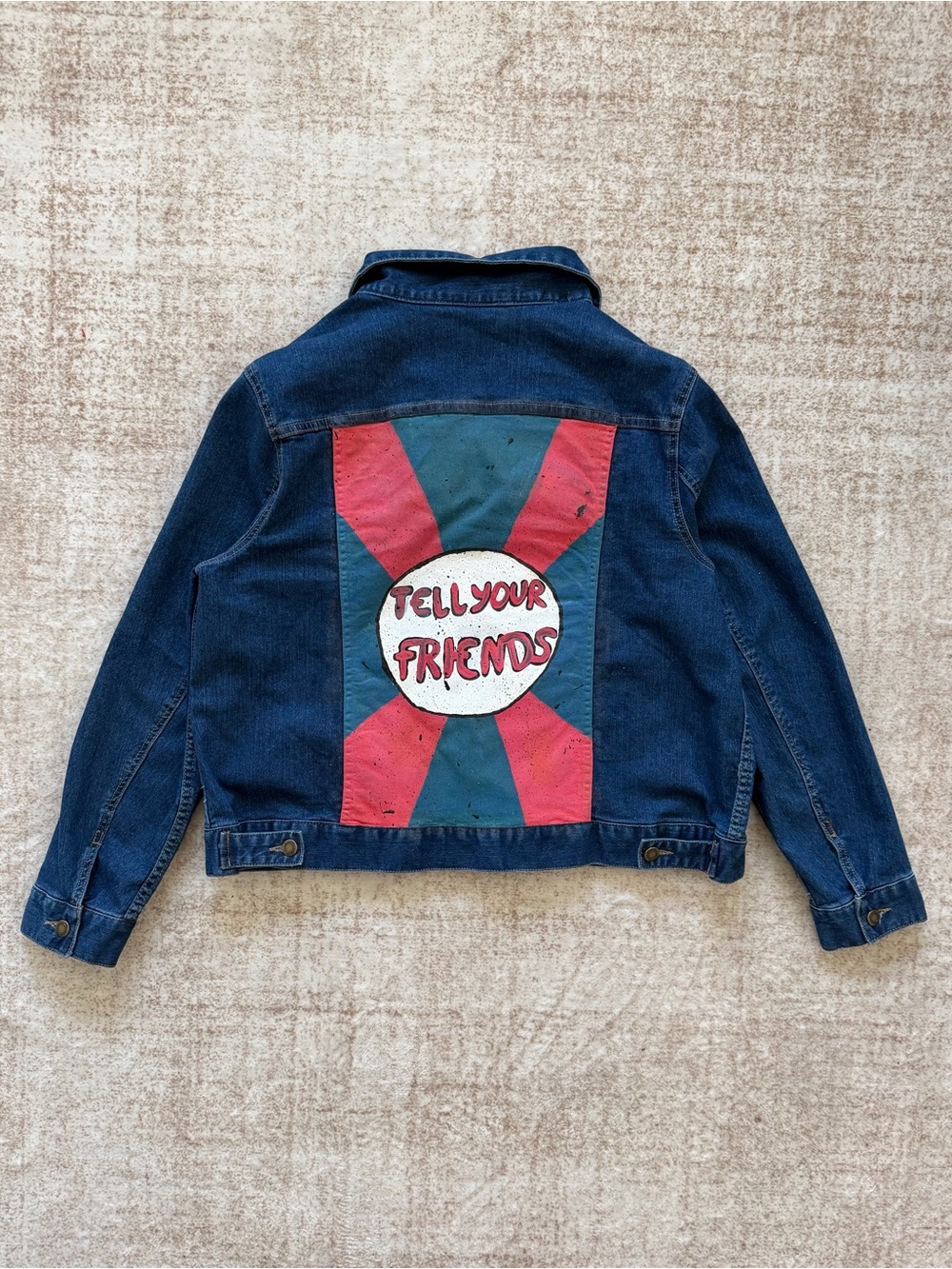 Hand-Painted Custom Denim Jacket — “Tell Your Friends” — Woman Within, Size 18W
